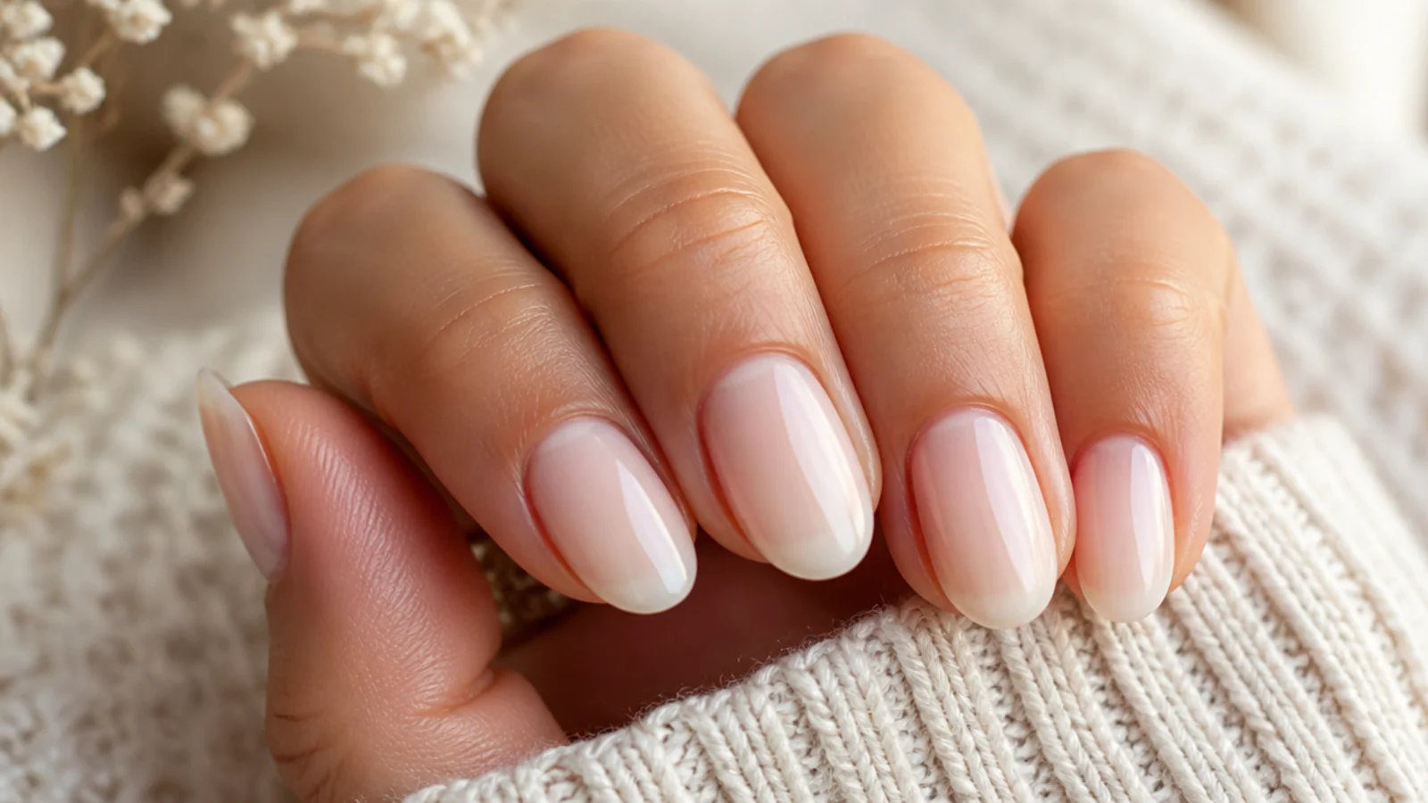 Short almond nails in translucent milky white with a soft tapered tip and glossy finish