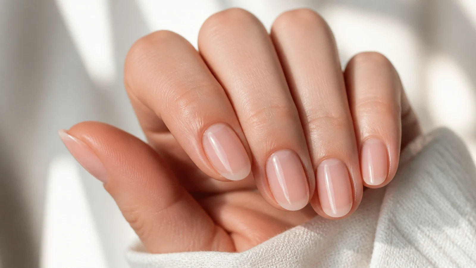Short almond nails in sheer pale pink showing the natural nail through a glossy overlay