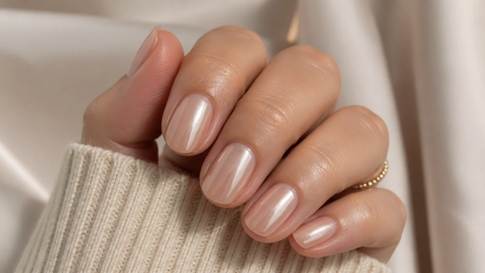 Short almond nails with a pearl glazed donut sheen over a warm nude base