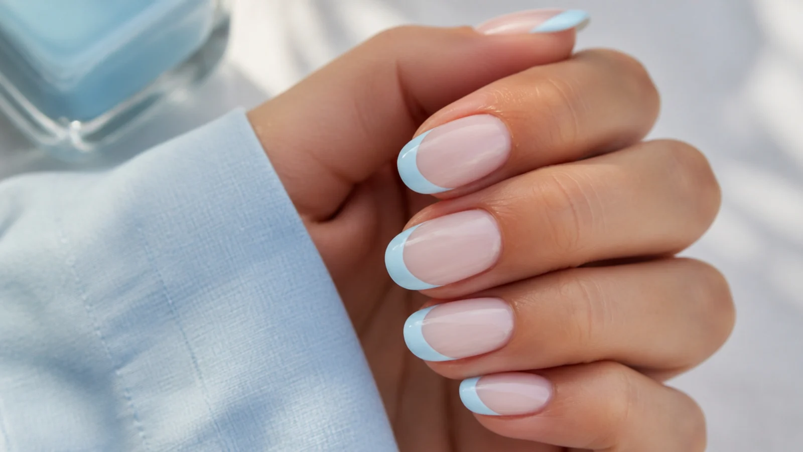 Short almond nails with a powder blue French tip curving along the edge of a milky base