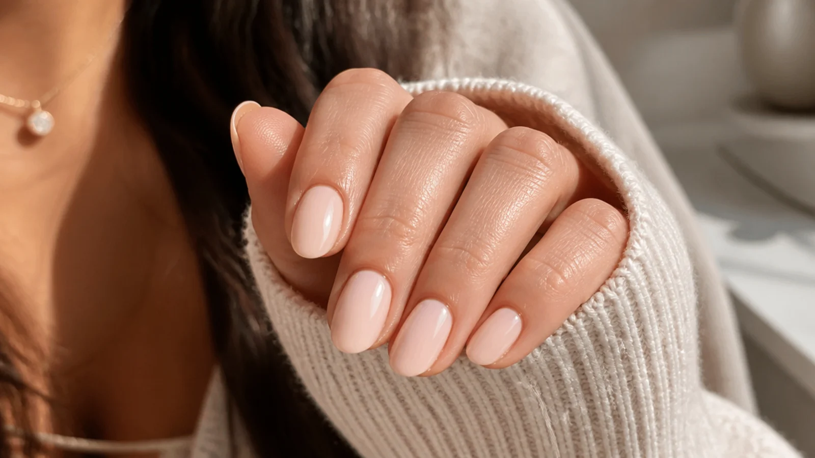 Short almond nails in creamy milky peach with a soft rounded taper and high gloss
