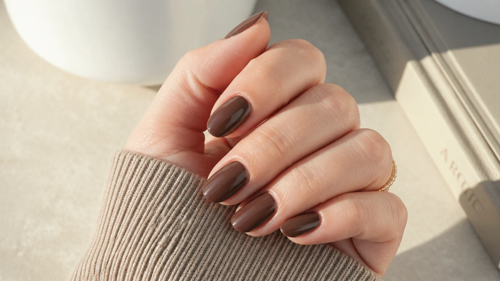 Short almond nails in glossy mocha brown with tapered sidewalls and a soft point