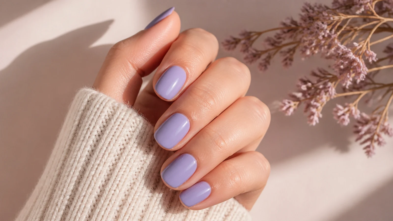 Short soft almond nails in pale lilac with a rounded tip rather than a sharp point