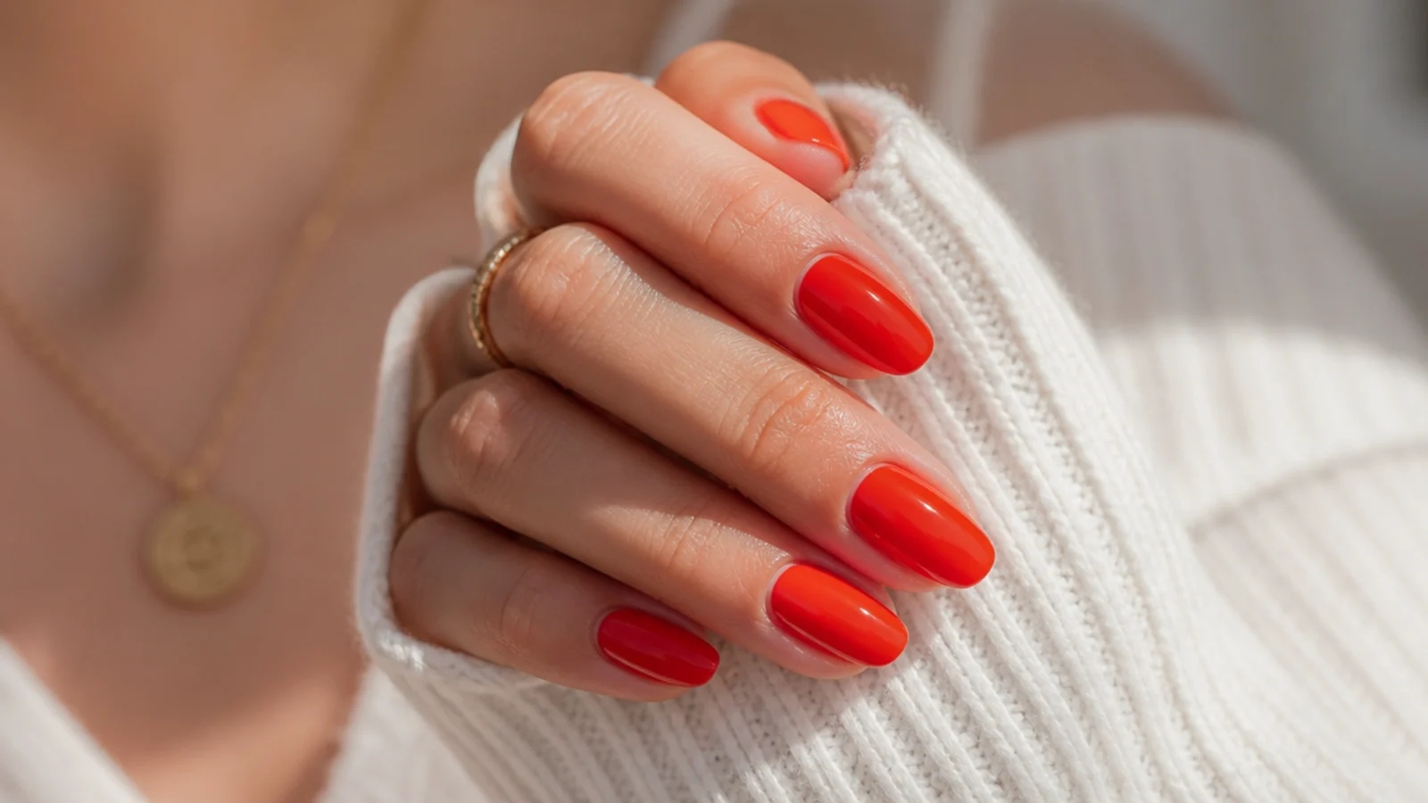 Short almond nails in glossy tomato red with a warm orange-leaning finish