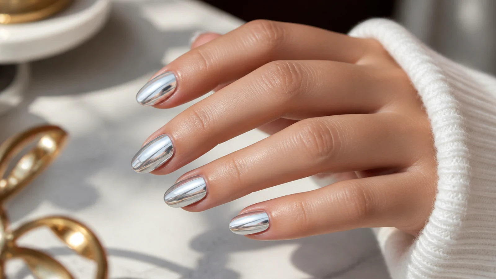 Short almond nails with a liquid silver chrome mirror finish over a tapered tip