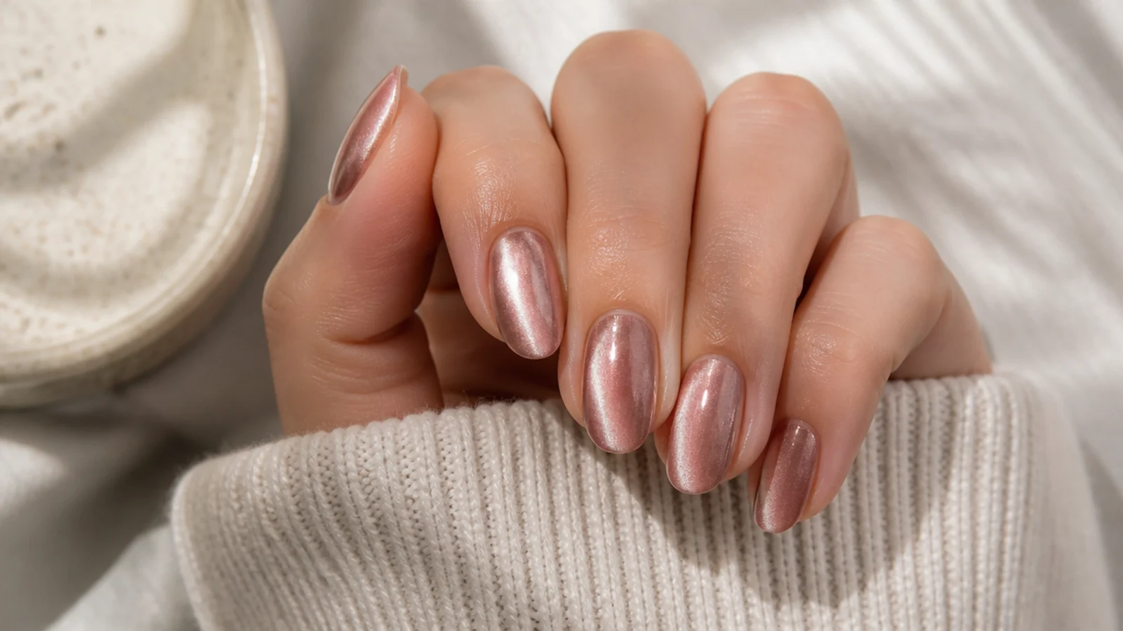Short almond nails with a magnetic cat eye stripe of light running down the center