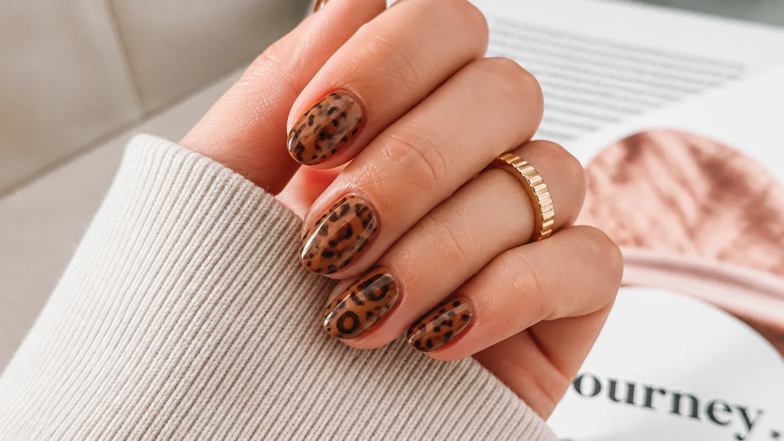 Short almond nails with brown and black leopard spots on a caramel base