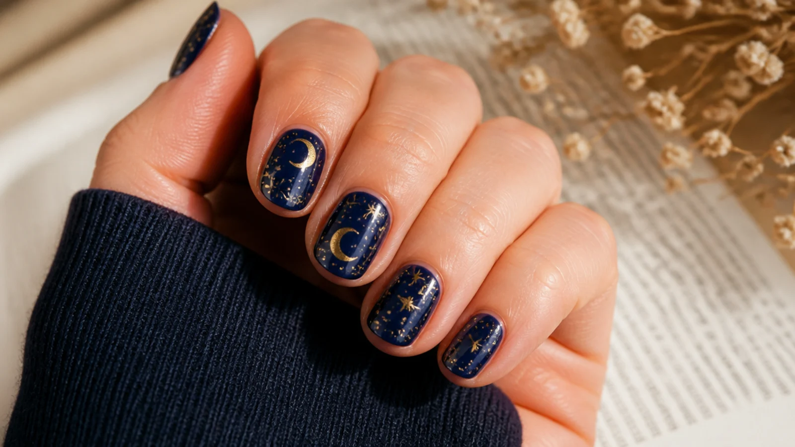 Short almond nails with tiny gold star and moon details on a sheer navy base