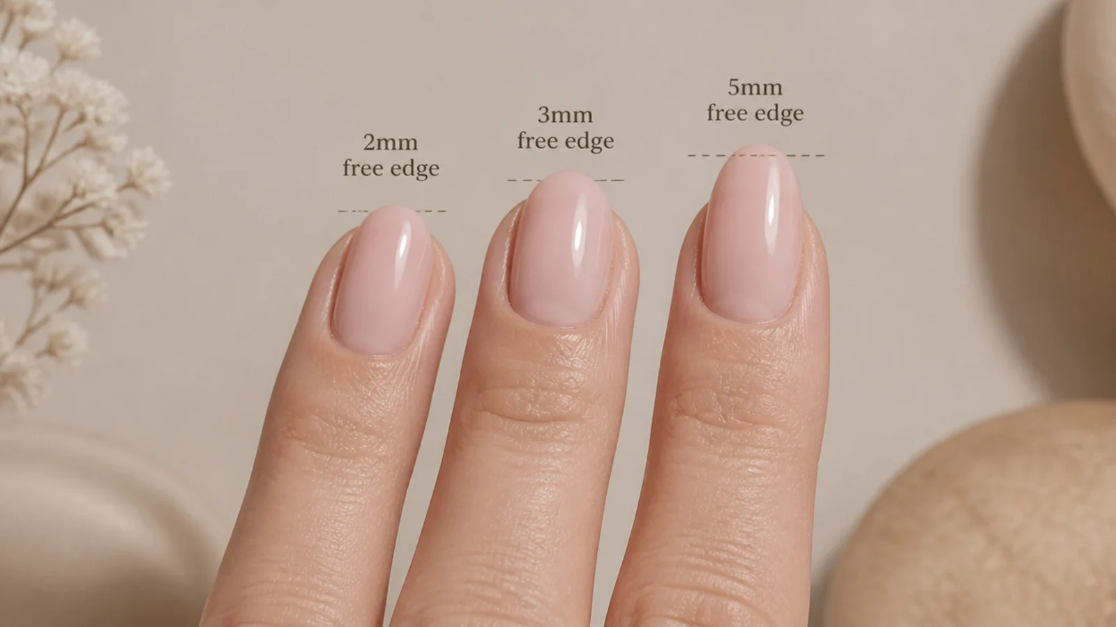 Three short almond nails compared at 2mm, 3mm and 5mm of free edge showing the taper appearing