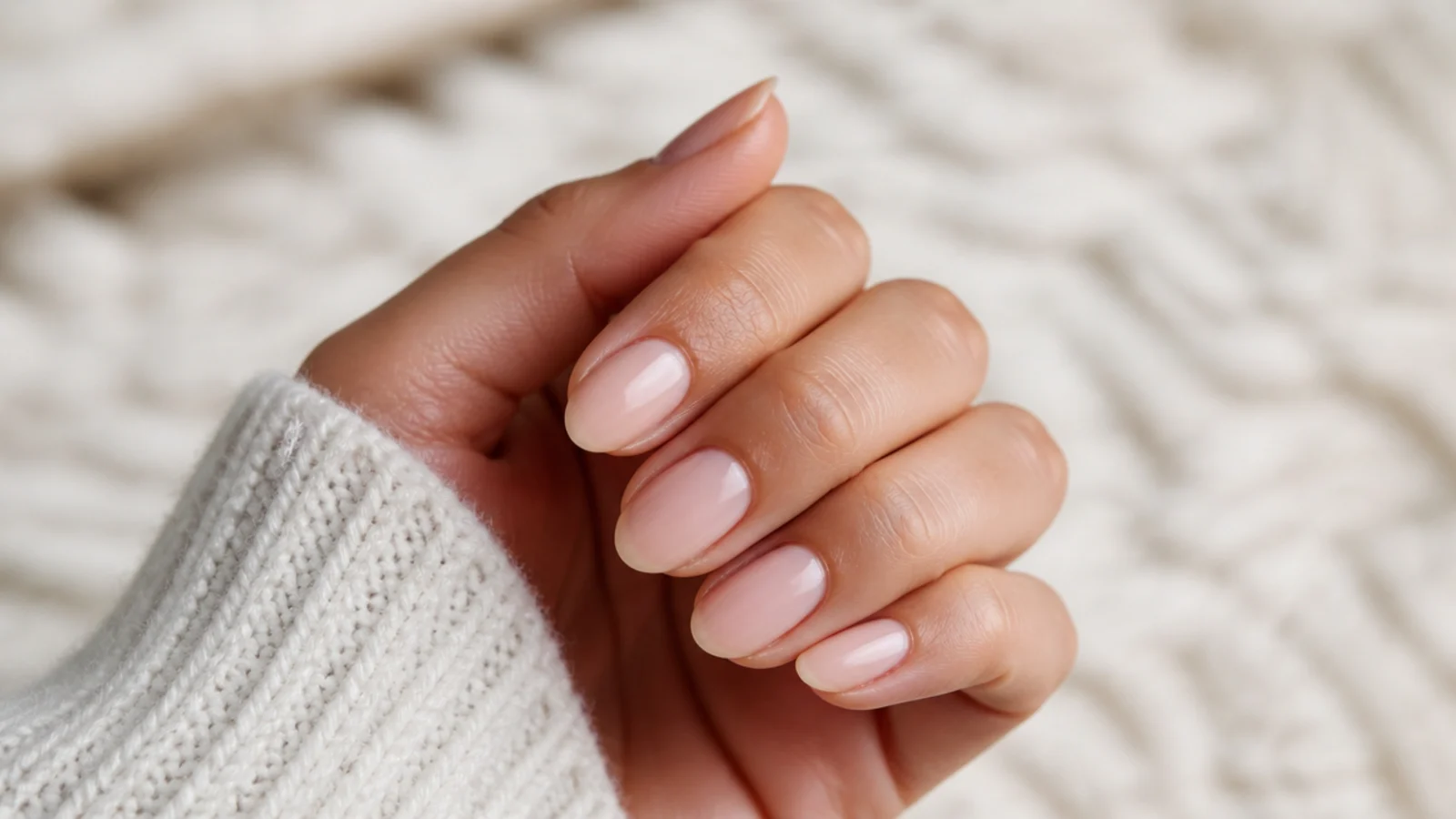 Short almond nails in milky nude with a soft tapered tip and about 4mm of free edge
