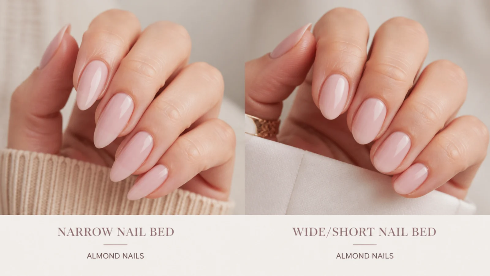 Two hands compared showing a narrow nail bed and a wide short nail bed for almond nails