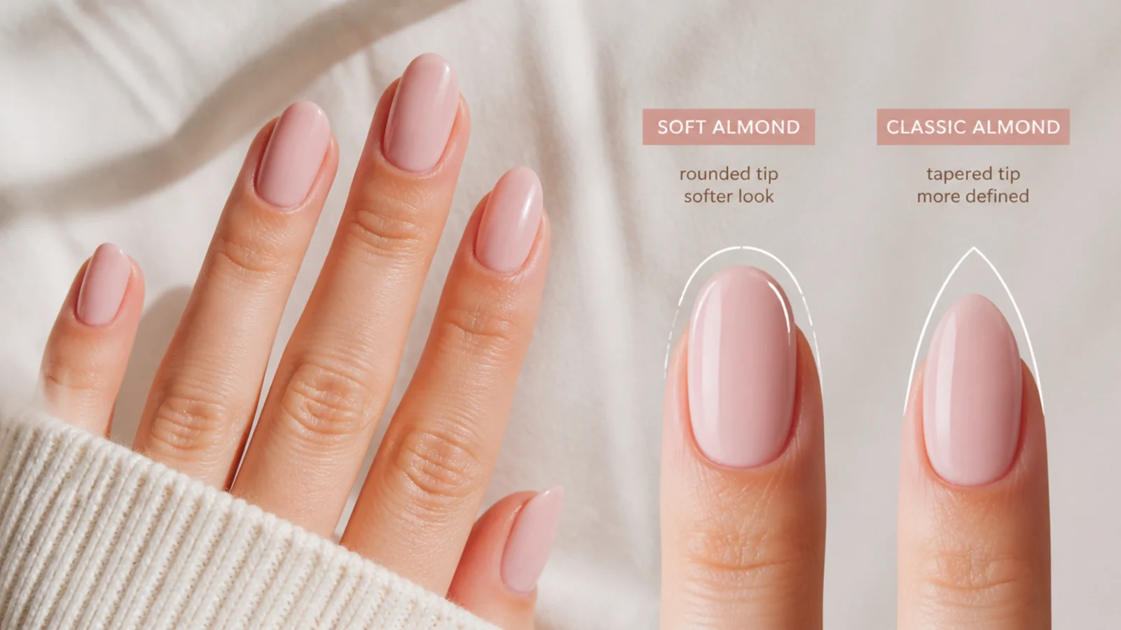 Soft almond nail shape next to classic almond showing the rounded tip versus the sharper point