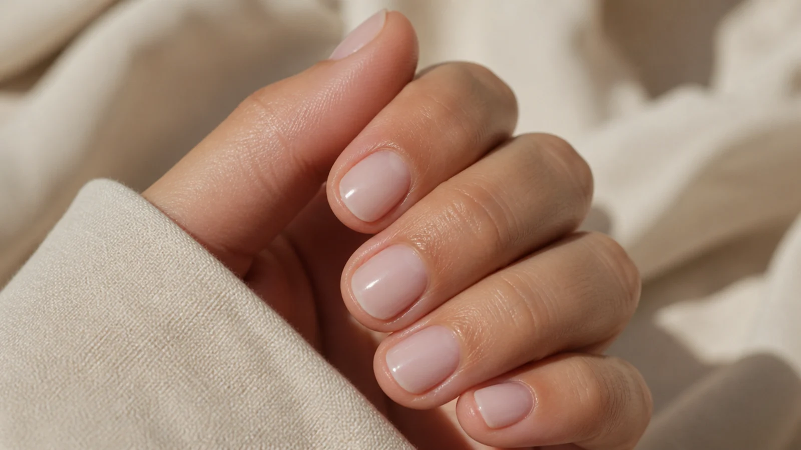 Very short bitten nails filed to a rounded shape with a sheer milky overlay