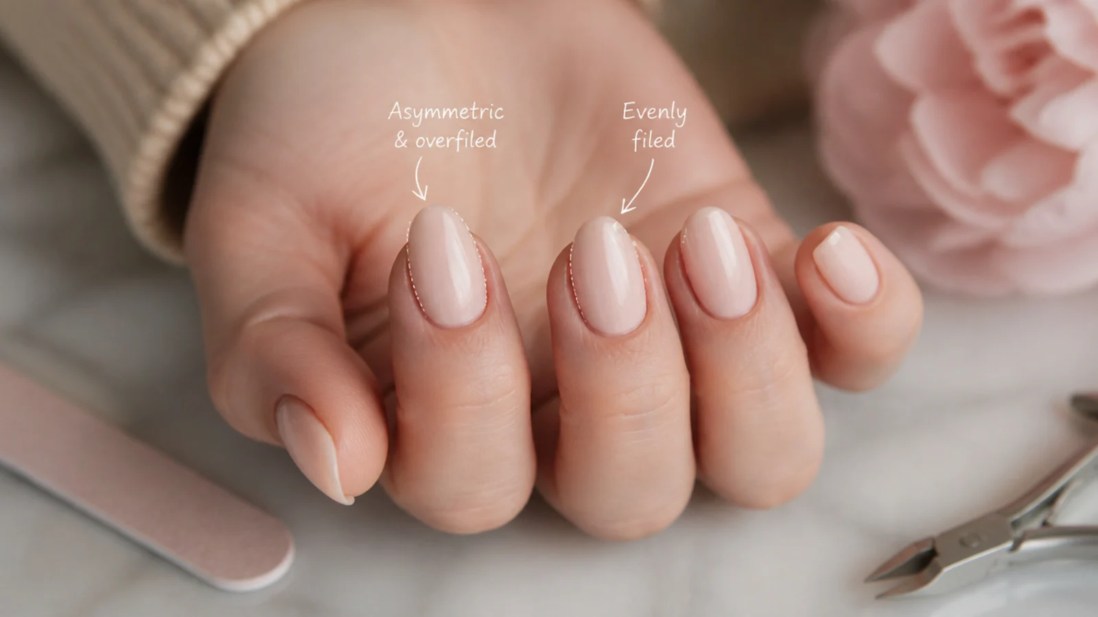 Two short almond nails compared, one asymmetric and overfiled and one filed evenly
