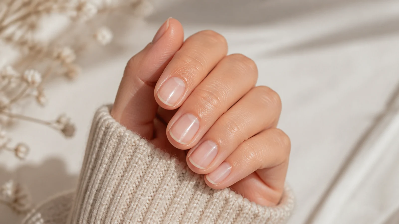 Bare short oval nails buffed to a natural shine with tidy cuticles and no polish