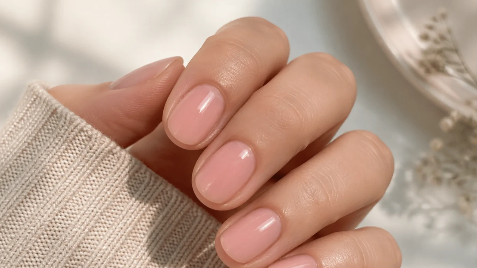 Short oval nails in sheer blush pink showing the natural nail through a glossy tint