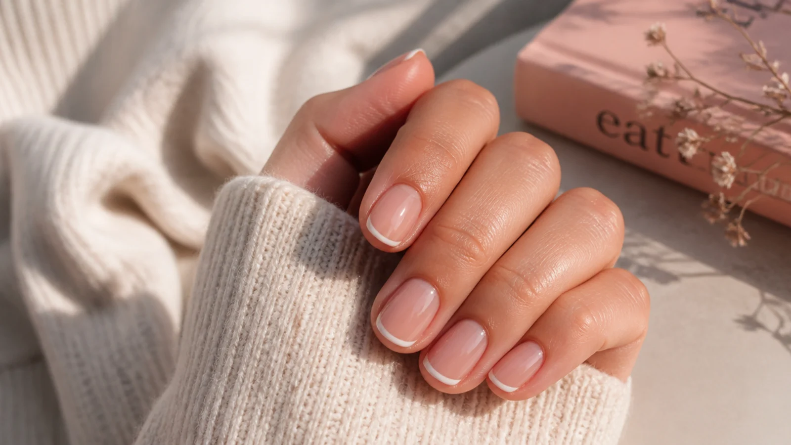 Short oval nails with a hairline white micro French tip tracing the rounded edge