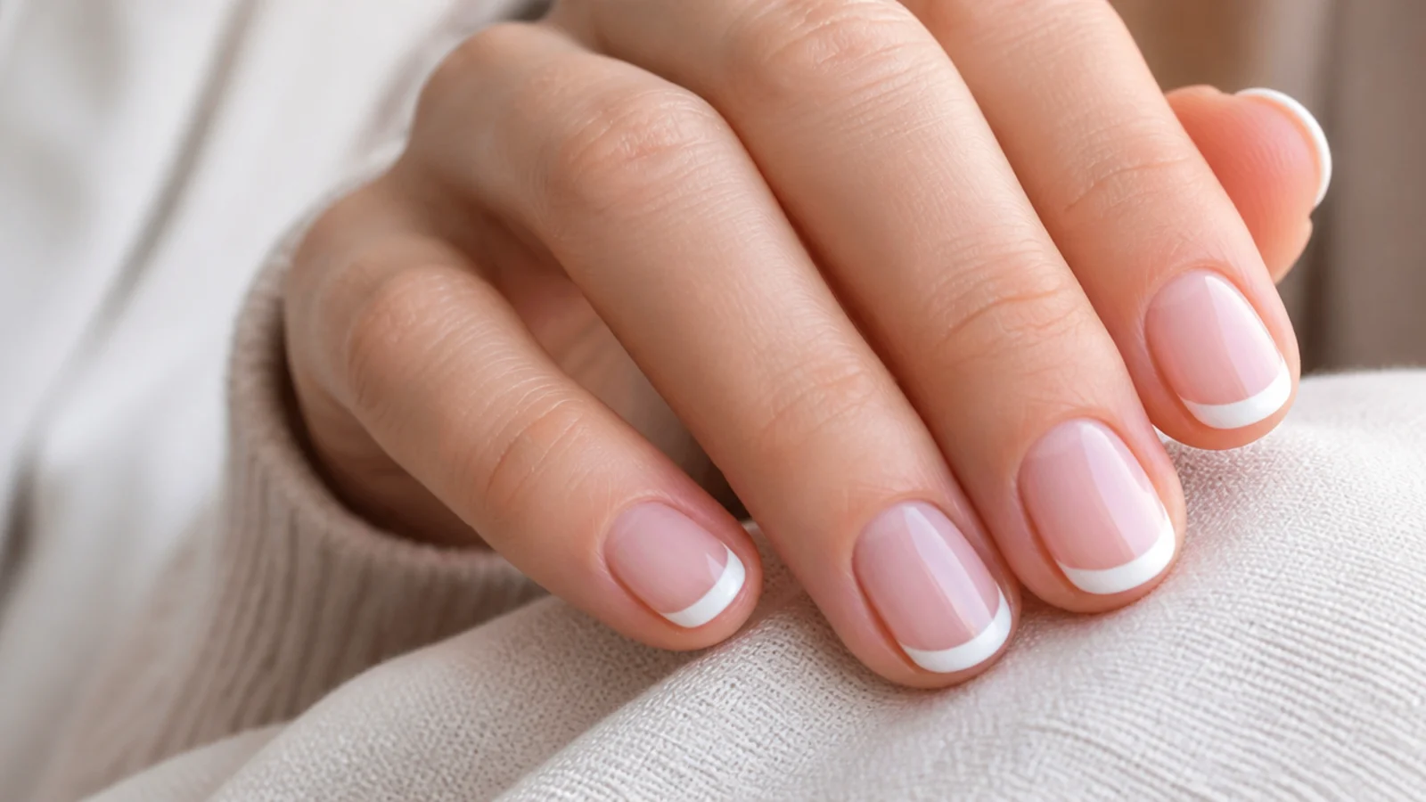 Short oval nails with a classic white French tip curved along a sheer pink base