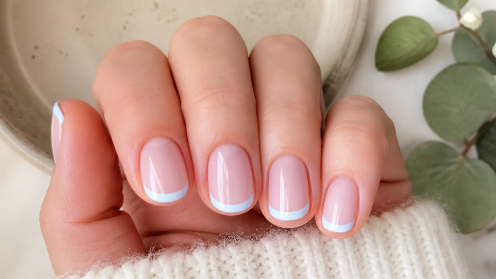 Short oval nails with pale baby blue French tips over a milky nude base