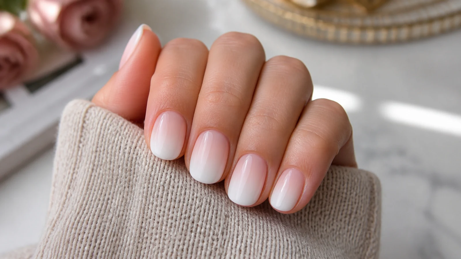 Short oval acrylic nails with a nude to white ombre fade from cuticle to rounded tip