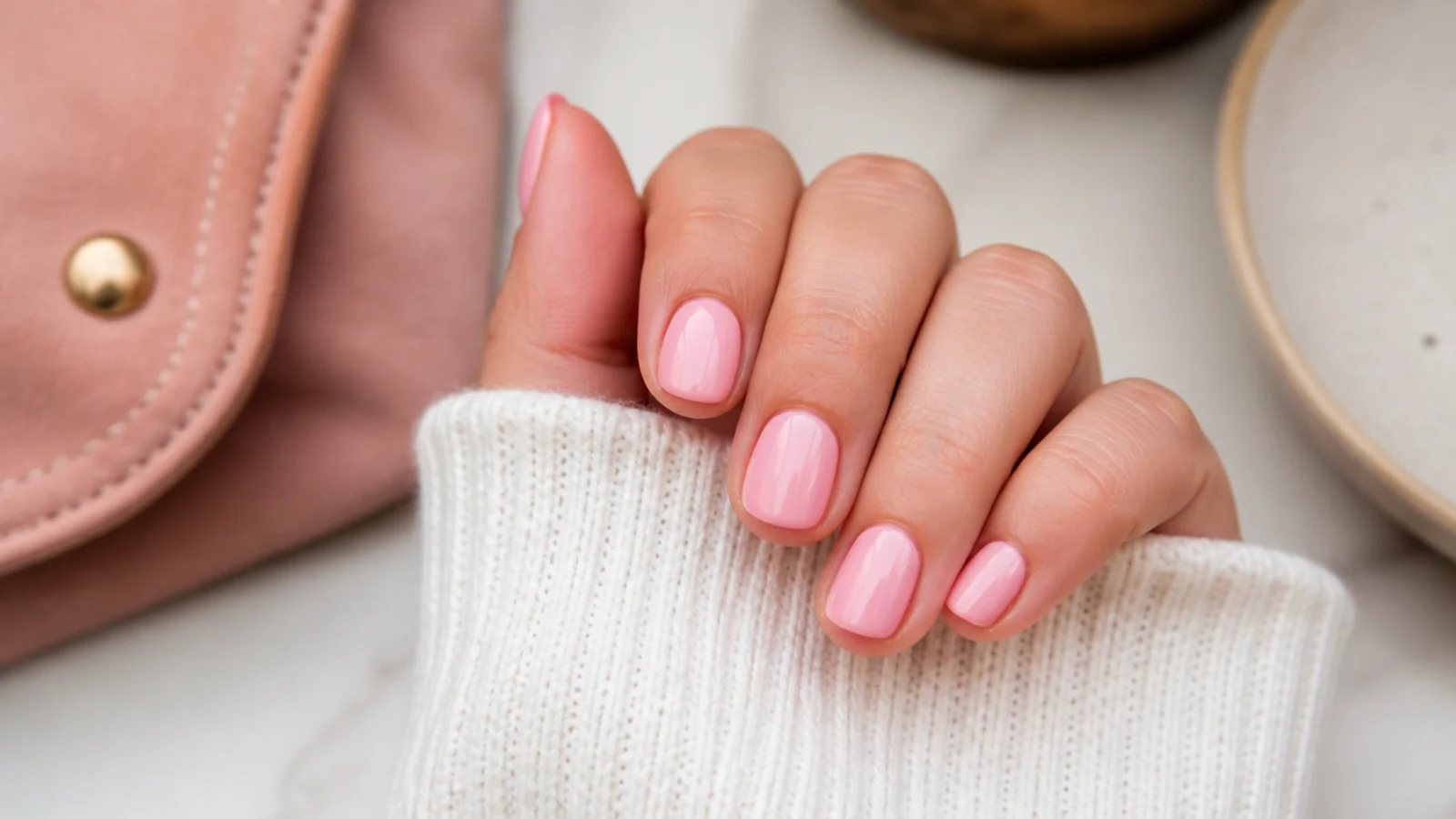 Short oval nails in opaque ballet pink with a high gloss finish and rounded tips