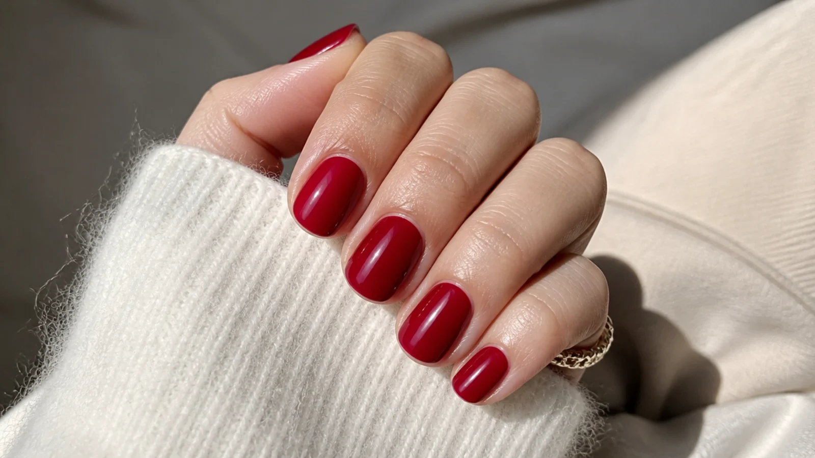 Short oval nails in glossy blue based cherry red with rounded tips