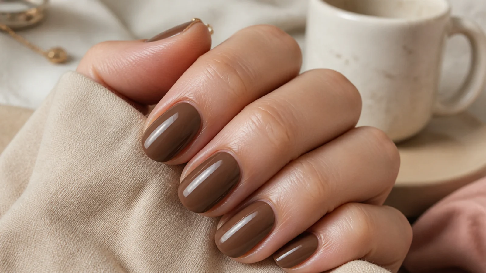 Short oval nails in warm mocha brown with a glossy finish and soft rounded tips