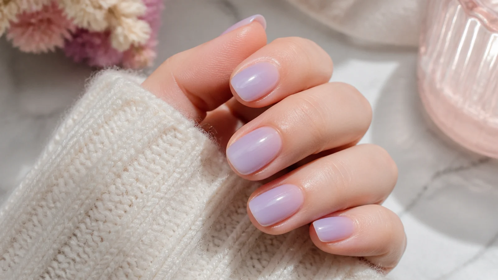 Short oval nails in soft milky lavender with a semi sheer glossy finish