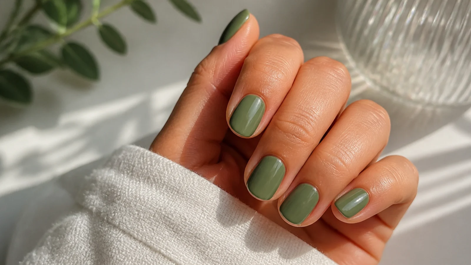 Short oval nails in muted sage green with a soft glossy finish and rounded edges