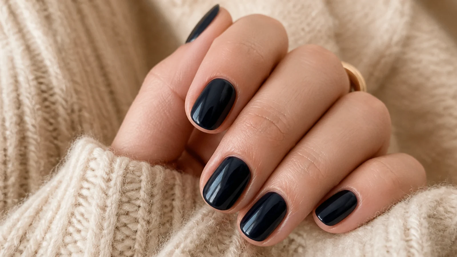 Short oval nails in deep glossy navy blue with smooth rounded tips