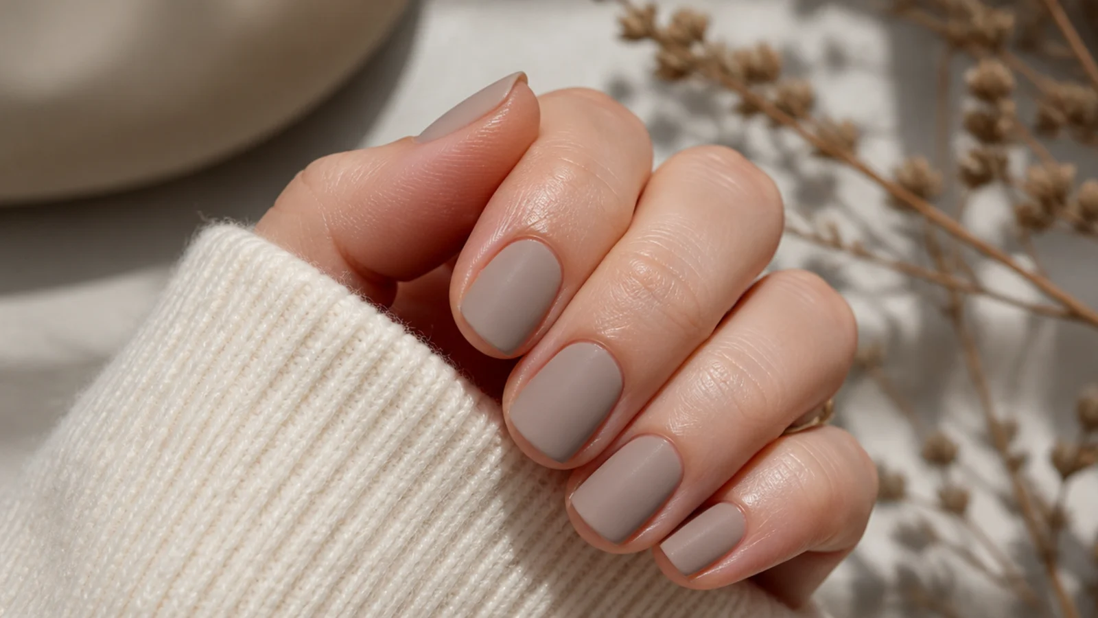 Short oval nails in flat matte greige with a velvet finish and rounded tips