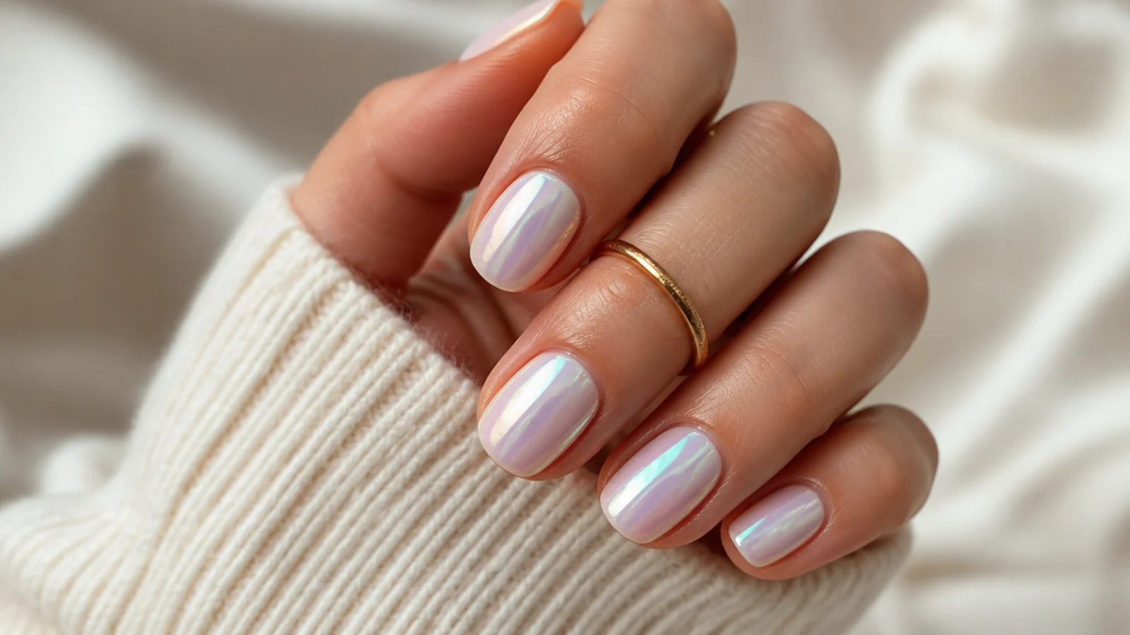 Short oval nails with an iridescent pearl chrome sheen shifting pink and blue
