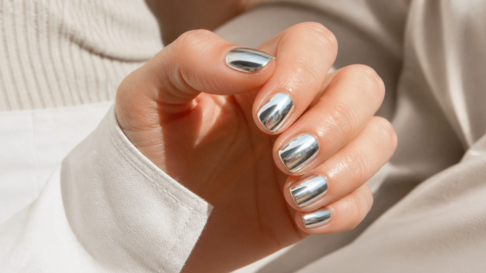 Short oval nails in liquid silver chrome with a mirror finish on rounded tips