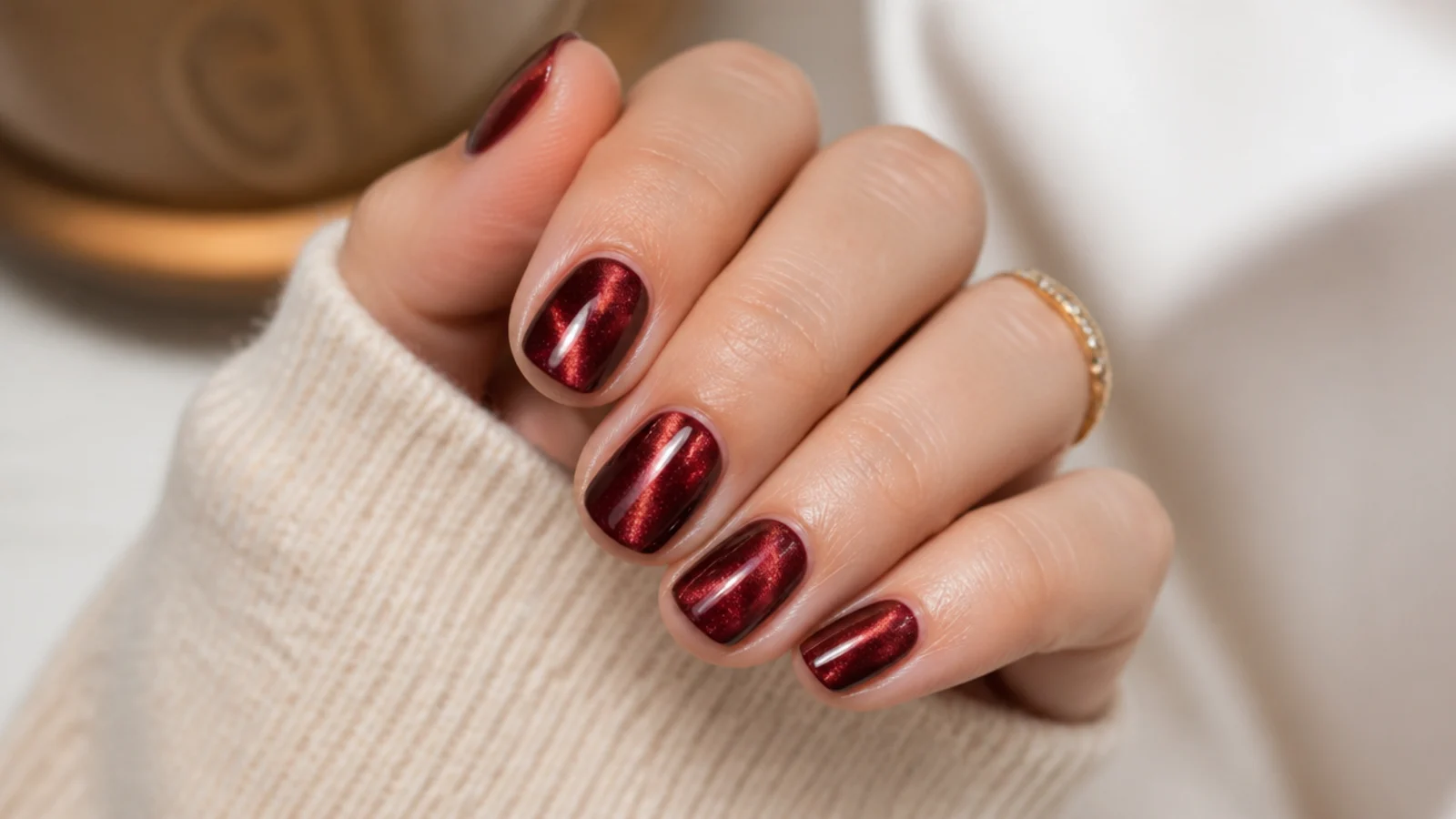 Short oval nails in burgundy cat eye gel with a magnetic light streak across each nail