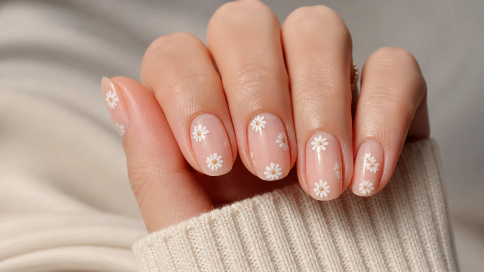 Short oval nails with tiny white hand painted daisies on a sheer nude base