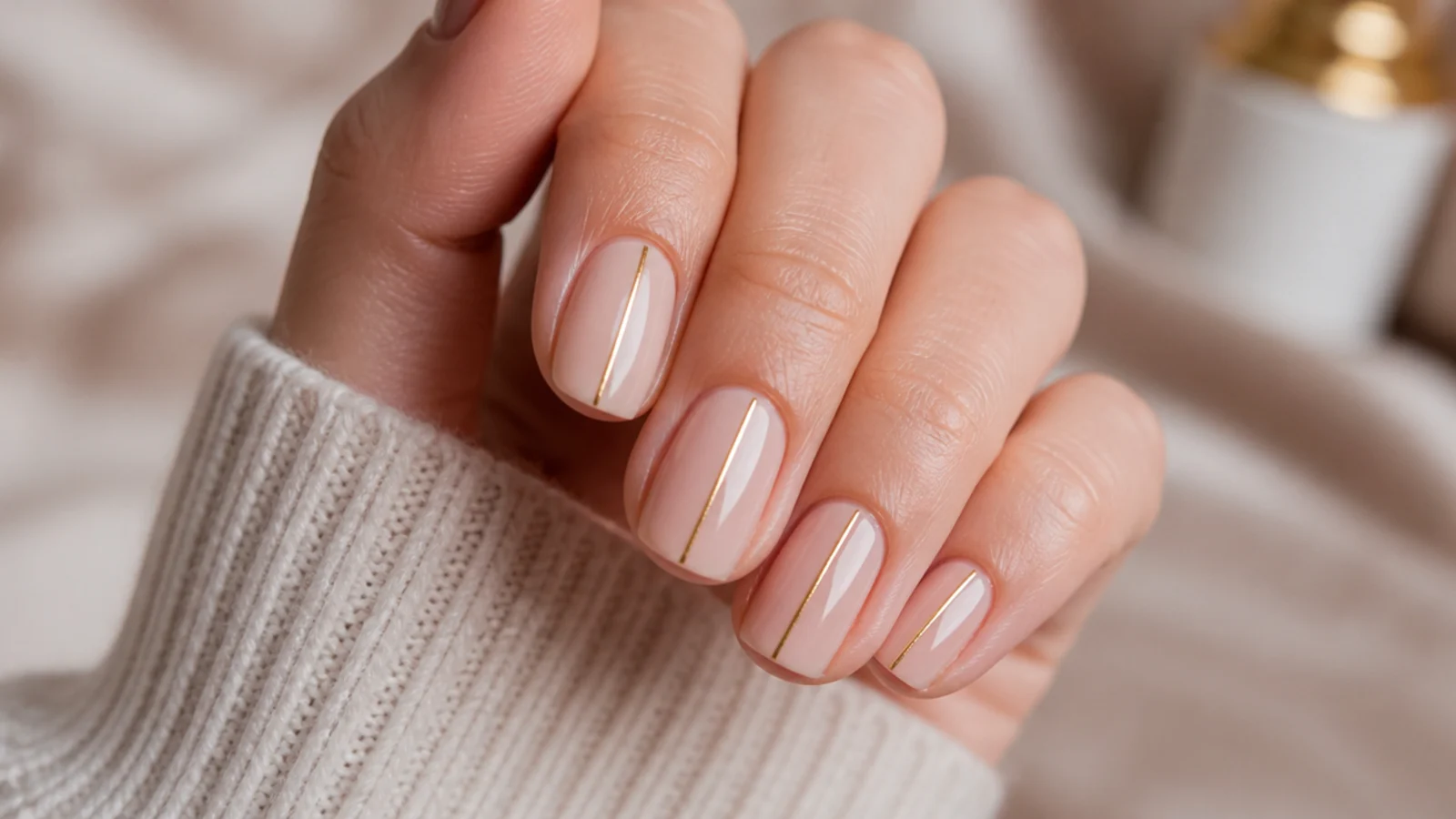 Short oval nails in nude with a single thin gold line running down each rounded nail