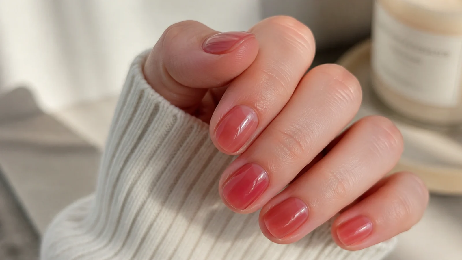 Short oval nails with a translucent cherry jelly tint showing the natural nail underneath