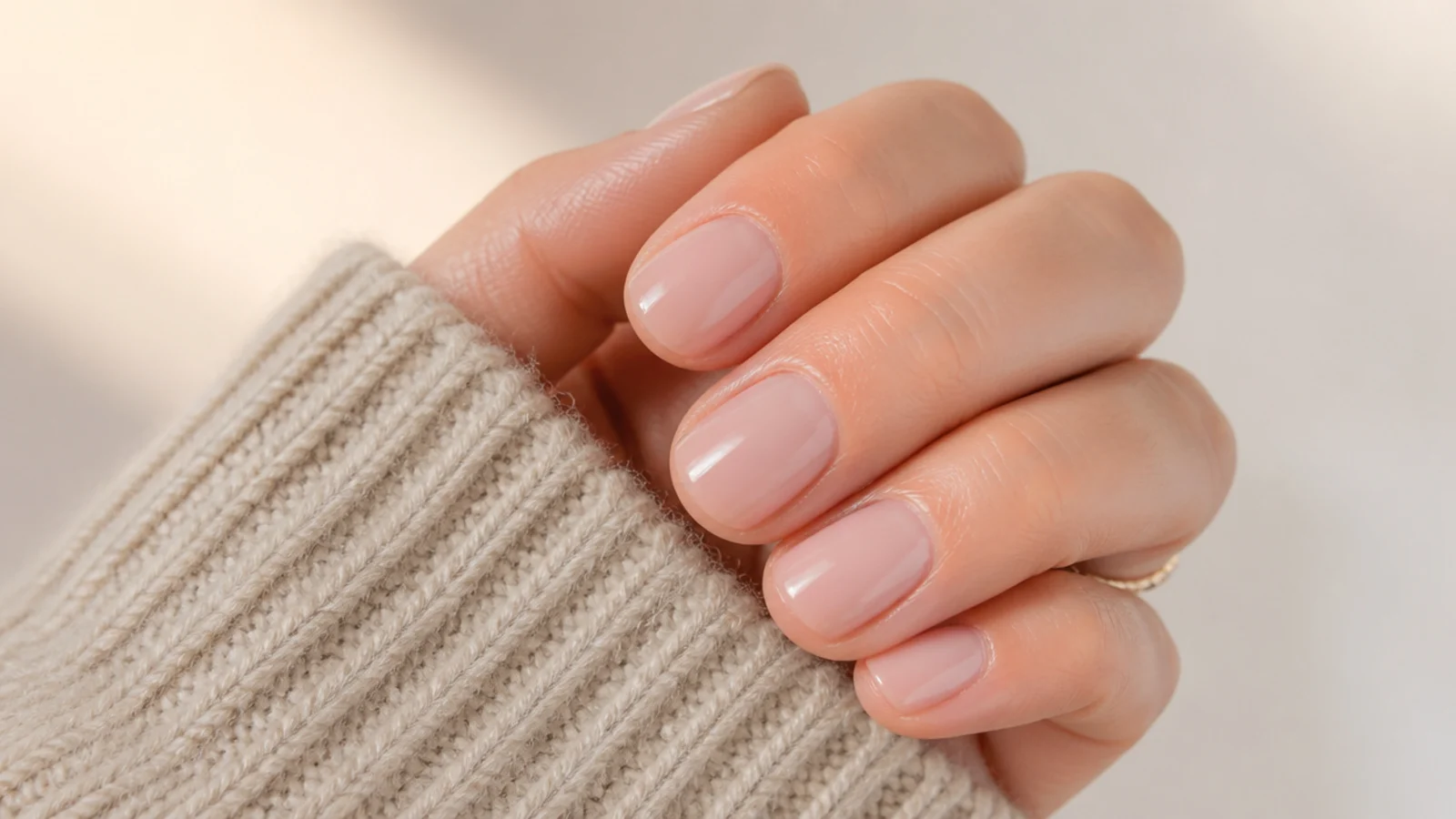 Short bitten nails filed to a soft oval shape with a sheer nude polish and oiled cuticles