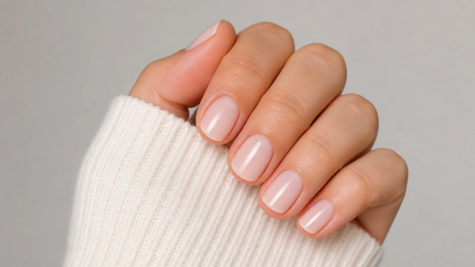 Short oval nails in milky nude with rounded tips and smooth sidewalls on a plain background