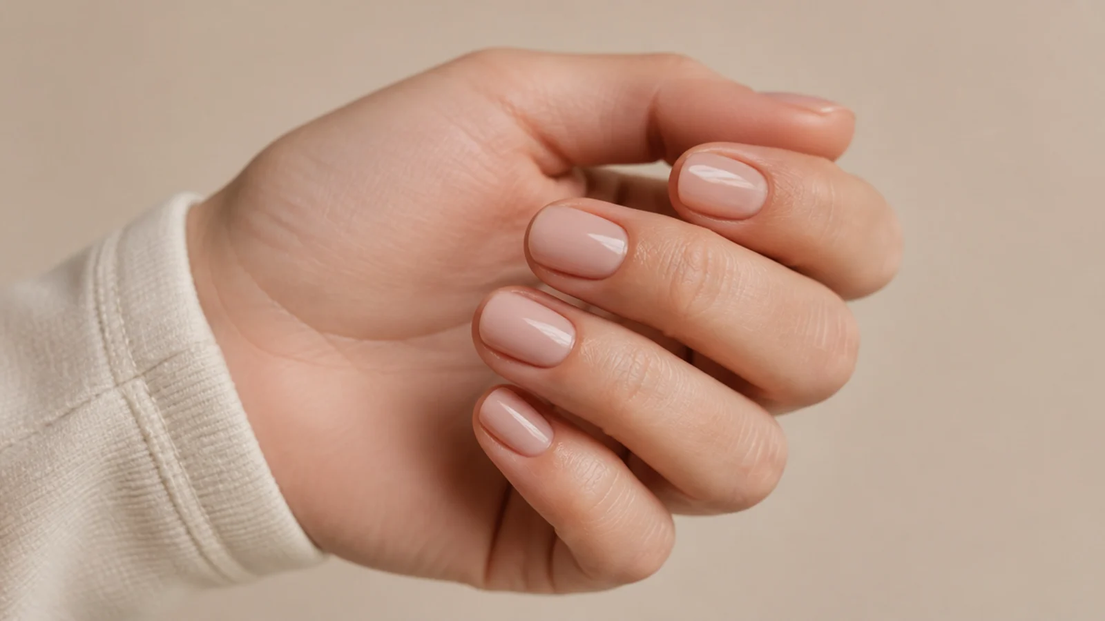 Short fingers with short oval nails in a nude shade shown against a plain background