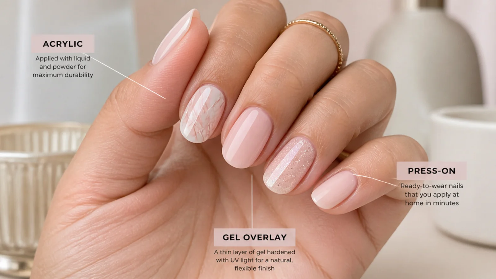 Three short oval nail sets compared, one acrylic, one gel overlay and one press-on