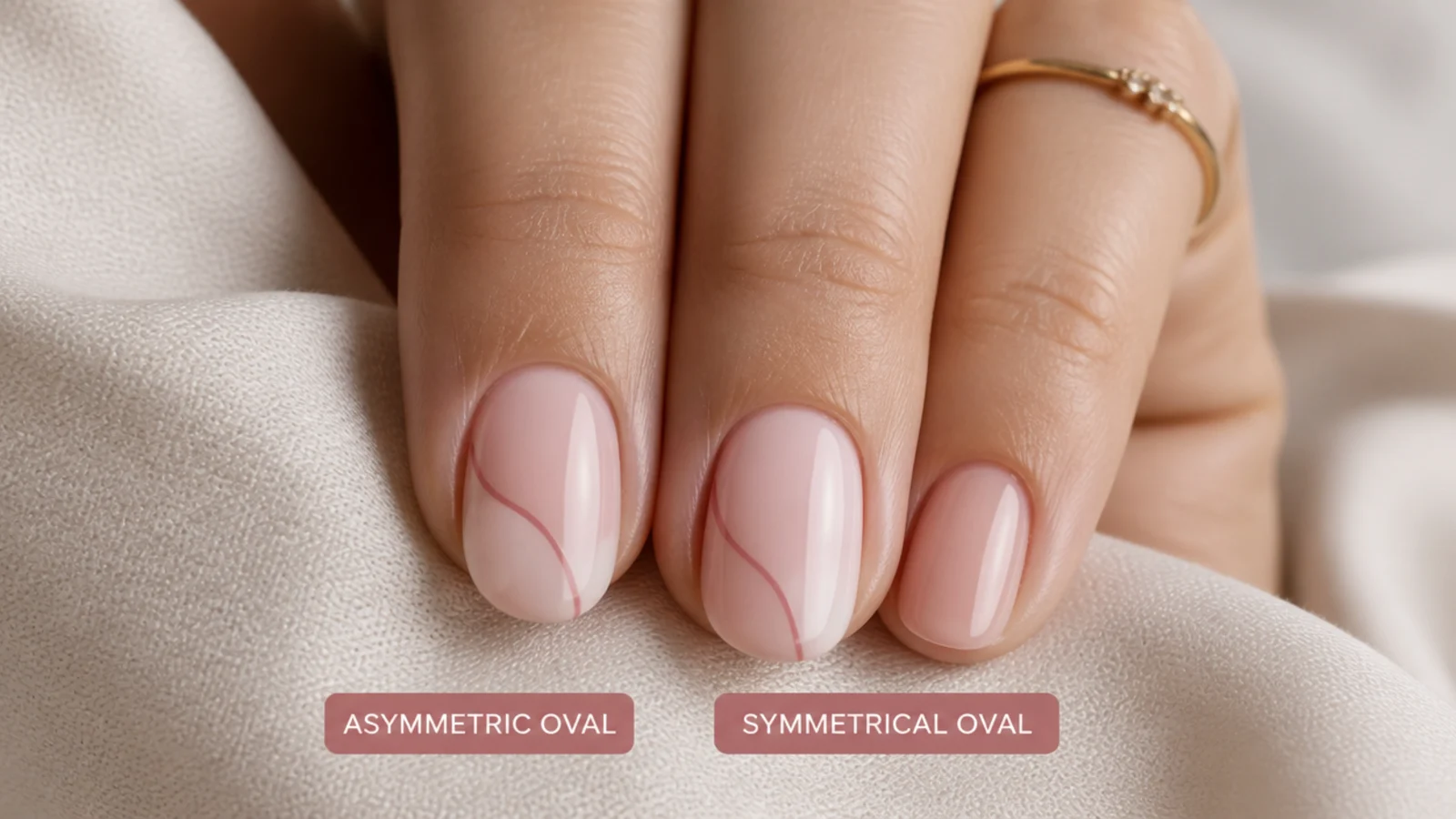 Close-up of an asymmetric short oval nail next to a correctly filed symmetrical oval nail
