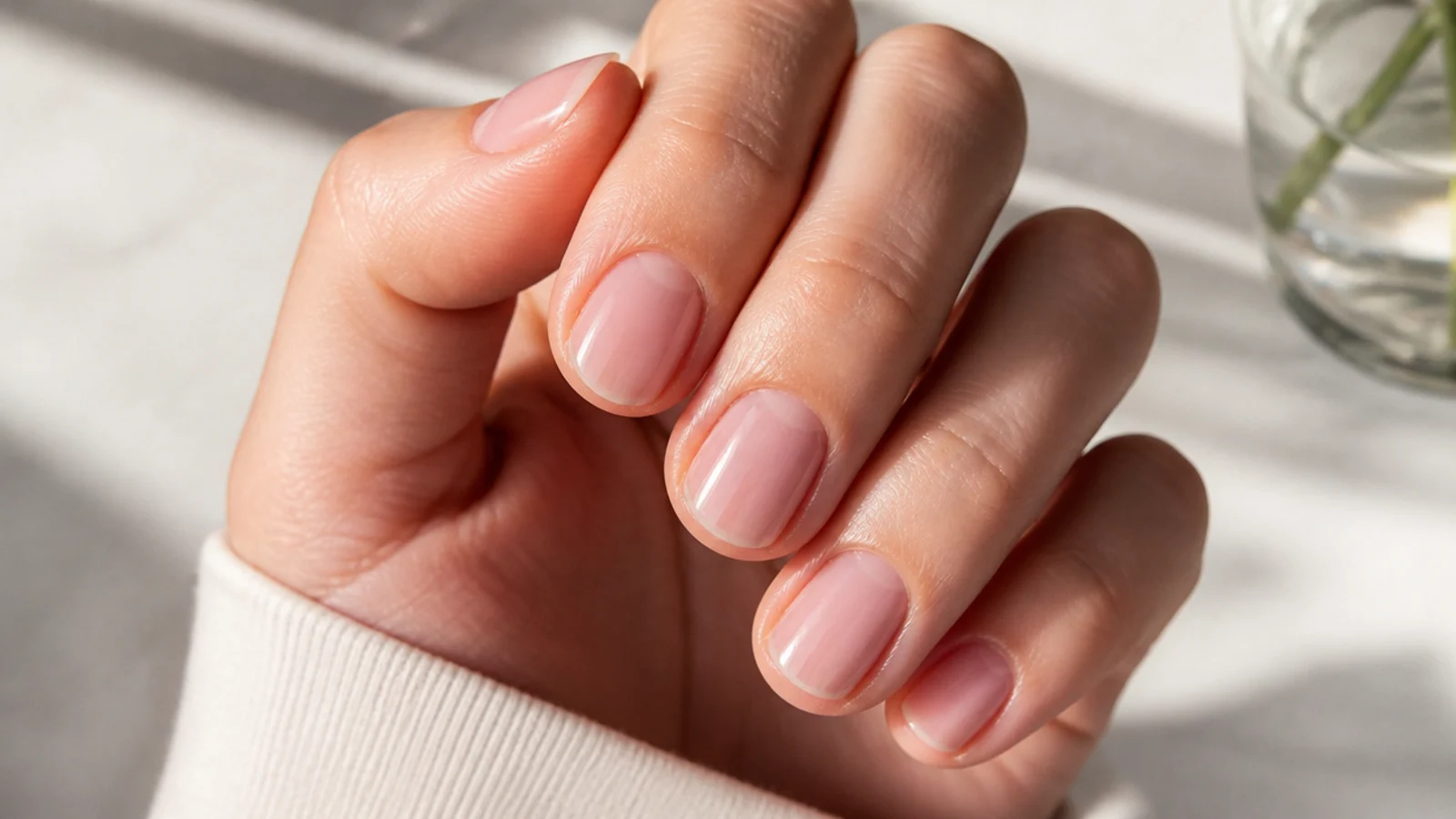 Hand with wide short nail beds filed into a shallow oval shape with a sheer pink finish
