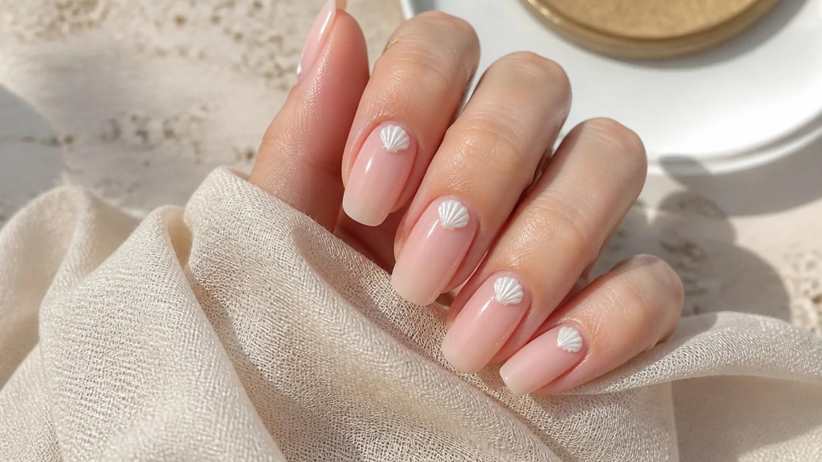 Sheer nude nails with small white 3D resin seashell charms set near the cuticle