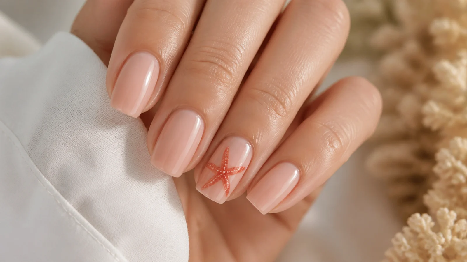Sheer nude nails with a small hand-painted coral starfish on the ring finger accent nail