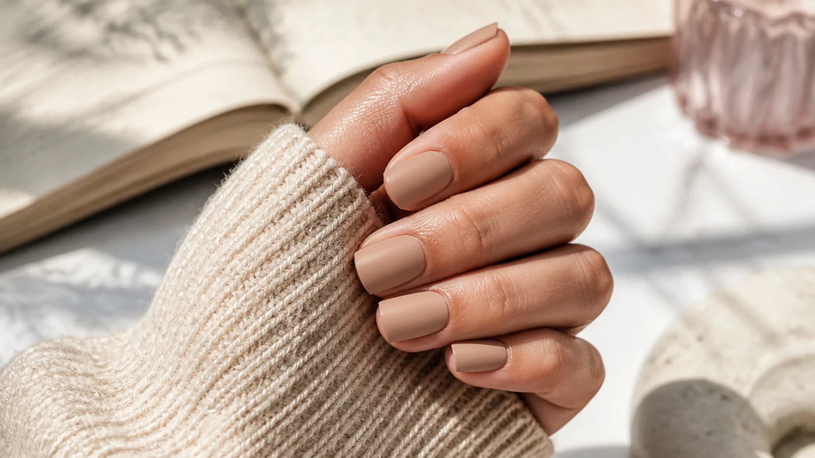 Short square nails in warm sand beige with a soft matte finish and no art