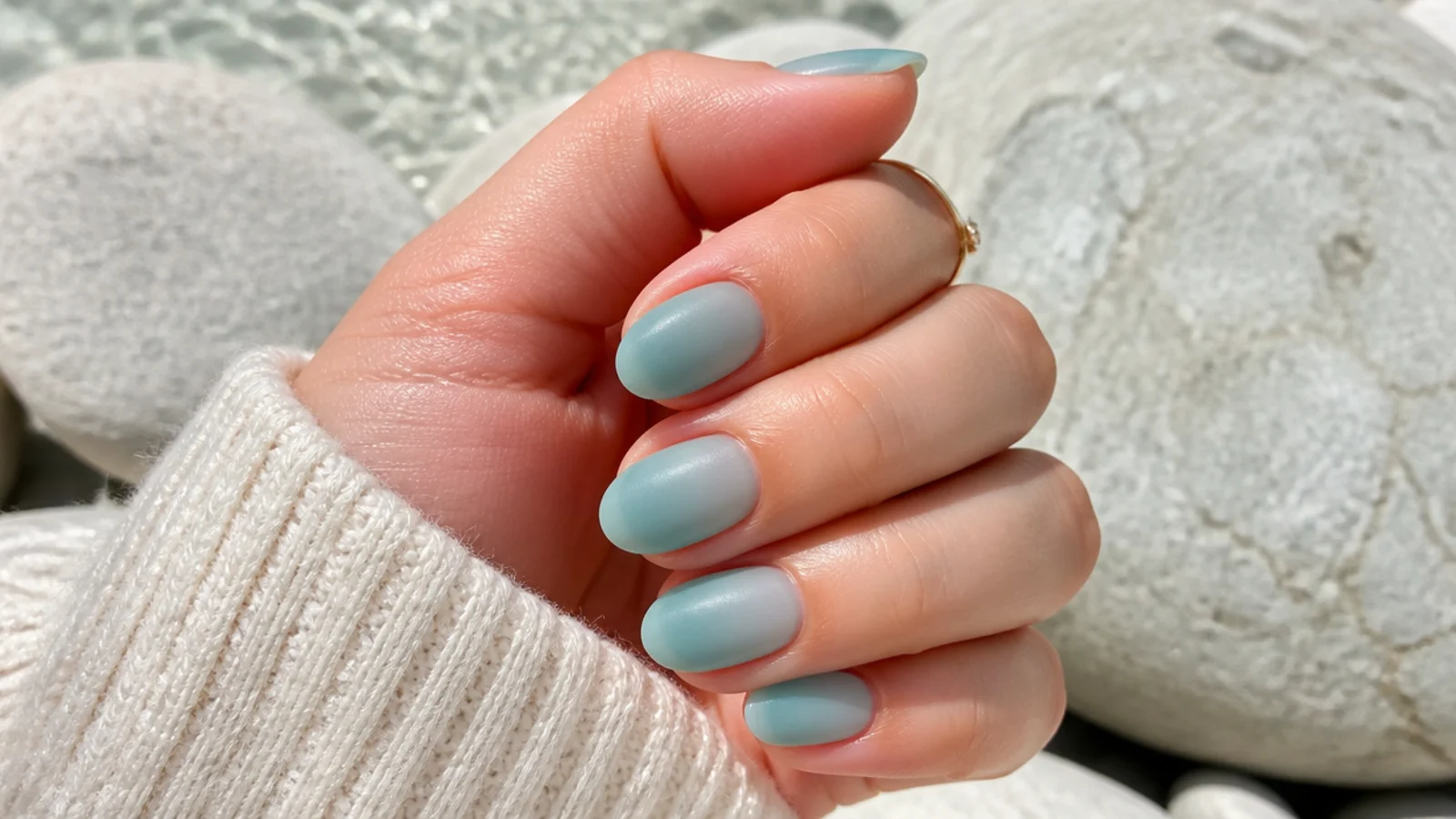 Short almond nails with a frosted translucent turquoise sea glass finish