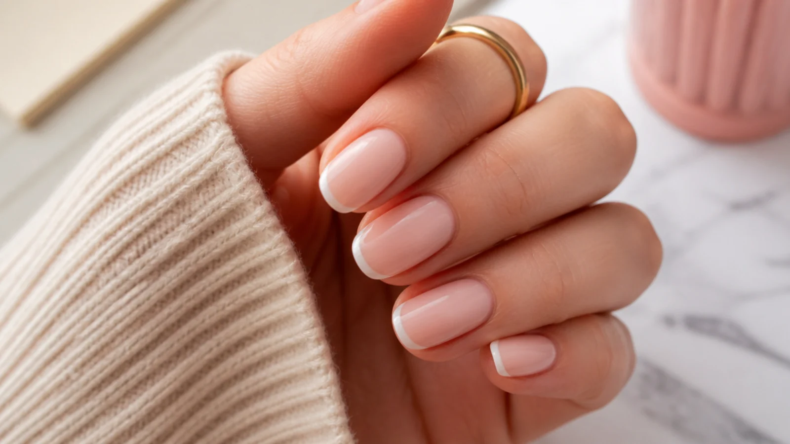Short almond nails with a hairline white micro French tip on a bare natural nail