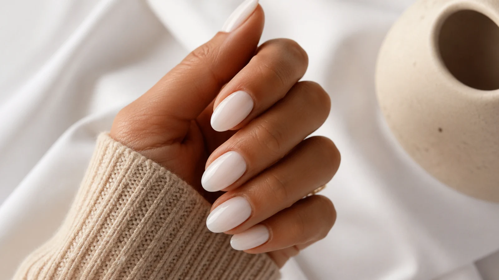 Short almond nails in soft milky white with a glossy finish on tanned hands