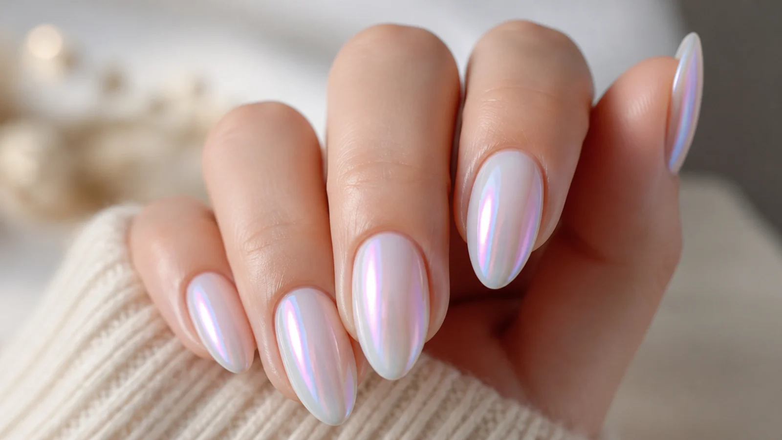 Almond nails in pearl chrome shifting pink and blue over a milky white base